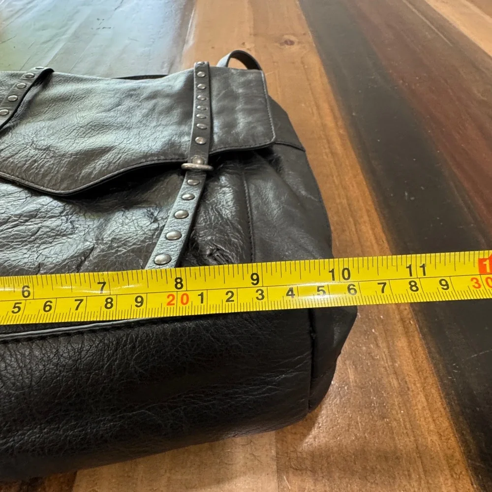 Lucky Brand Black Pebbled Leather Studded Flap Backpack Bag